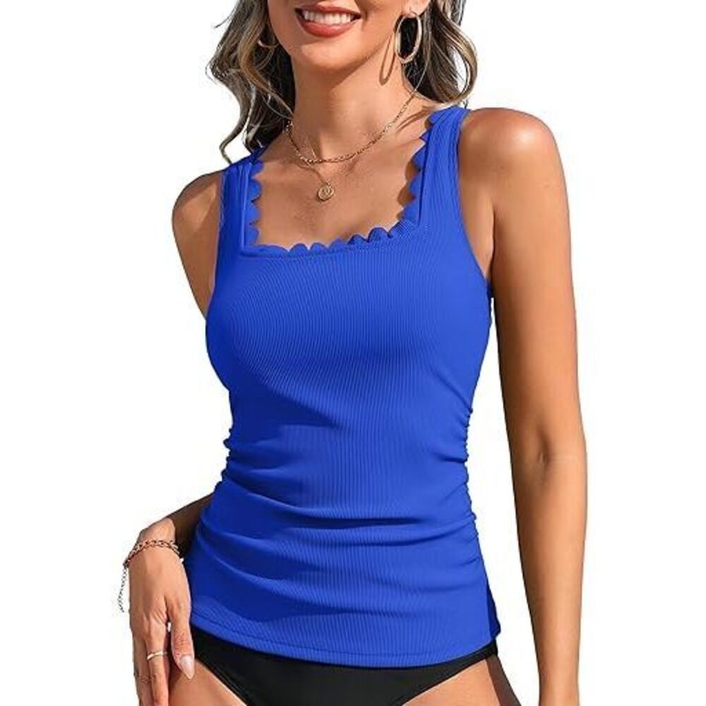 Women Ribbed Tankini Top Scalloped Swimsuits Top Ruched Tummy Control Bathing